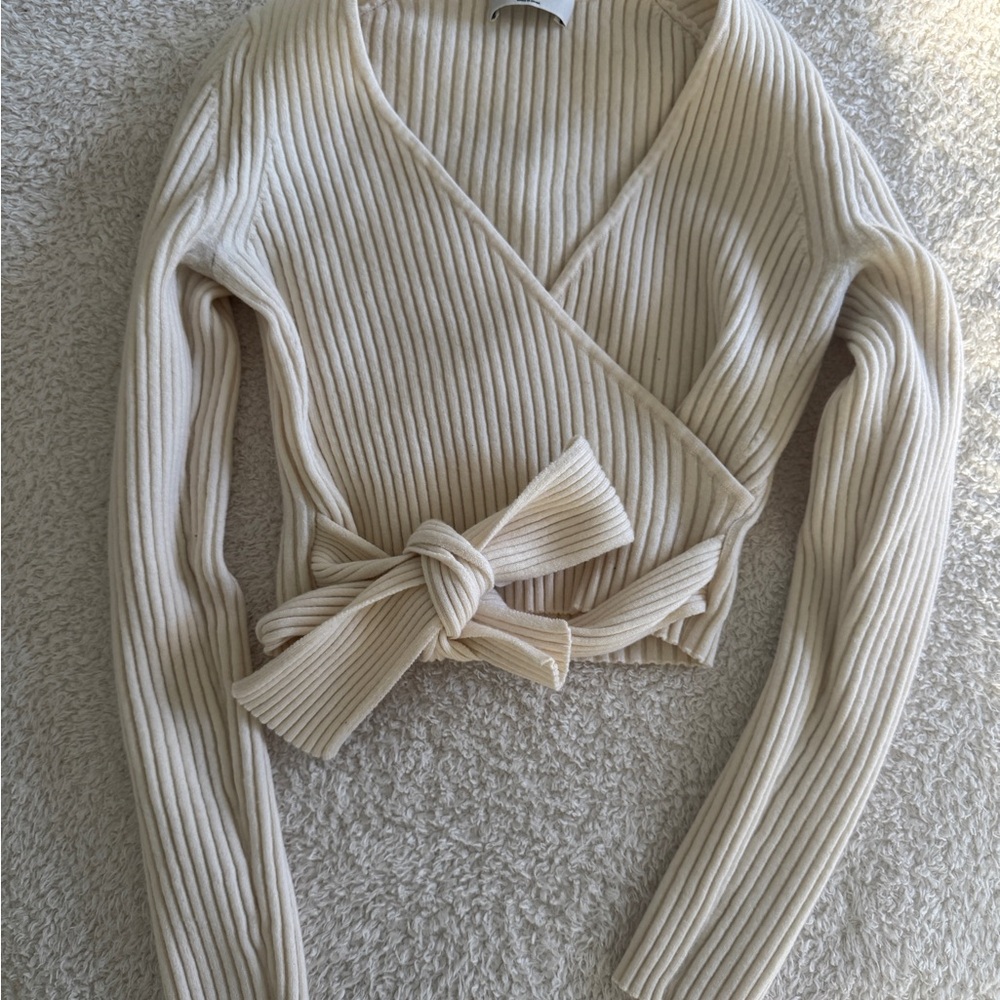 Cream Ribbed Wrap Top